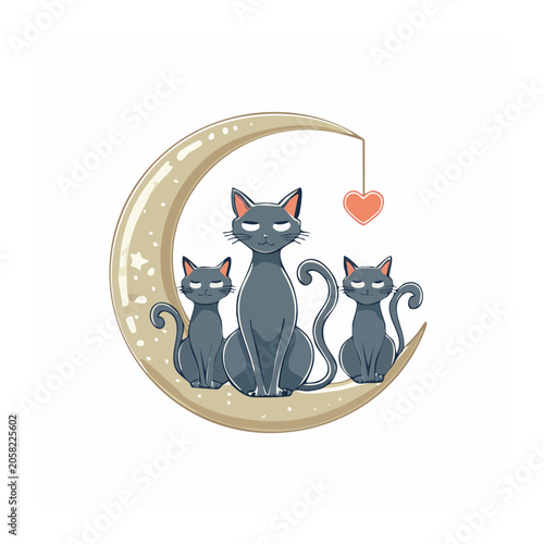 Three Black Cats Sitting on a Crescent Moon with a Heart