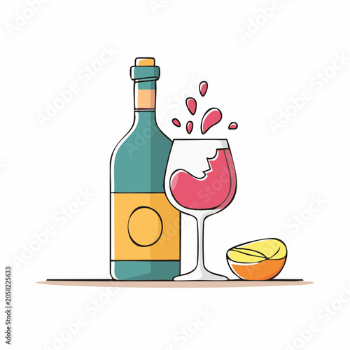 Red Wine Bottle and Glass with Splash and Lemon Slice