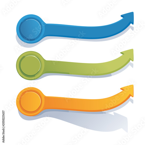 Three colorful curved arrows with circular buttons