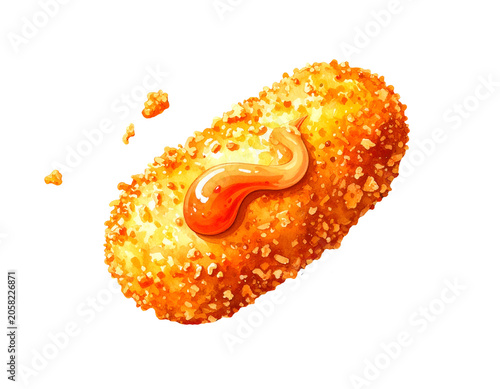Watercolor illustration of crispy fried croquette with glossy orange sauce crunchy breaded coating and golden fast food snack on isolated background