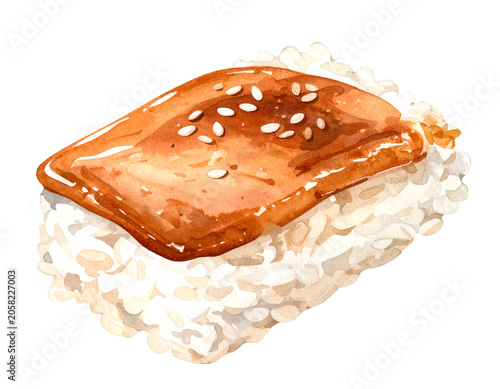 Watercolor illustration of glazed sushi nigiri with white rice sesame seeds glossy sauce and Japanese seafood appetizer detail on isolated background