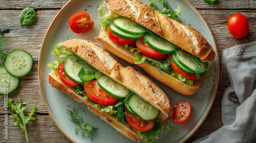 Fresh vegetable sandwiches displayed against a wooden background