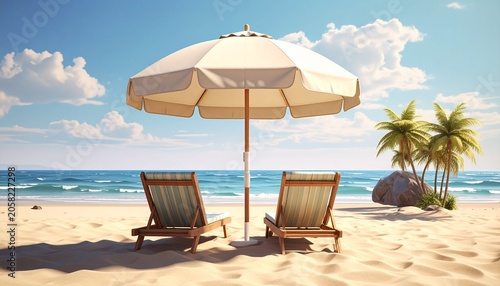 Beach umbrella with chairs on the sand. summer vacation concept. 3d rendering