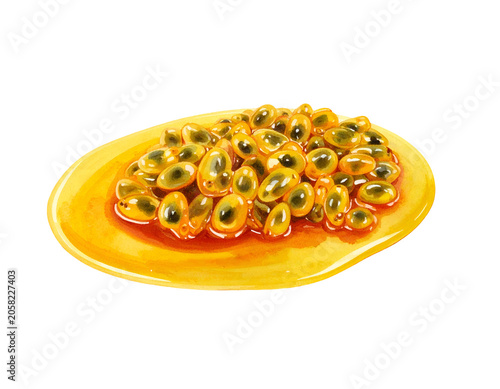 Watercolor illustration of glossy passion fruit pulp and seeds in orange yellow sauce with tropical fruit gel texture on isolated background