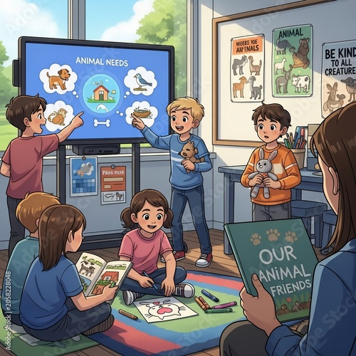 Children learning about animal needs in a vibrant classroom.