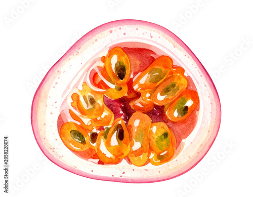 Watercolor illustration of halved passion fruit with orange glossy pulp dark seeds pink tropical rind and juicy fresh detail on isolated background