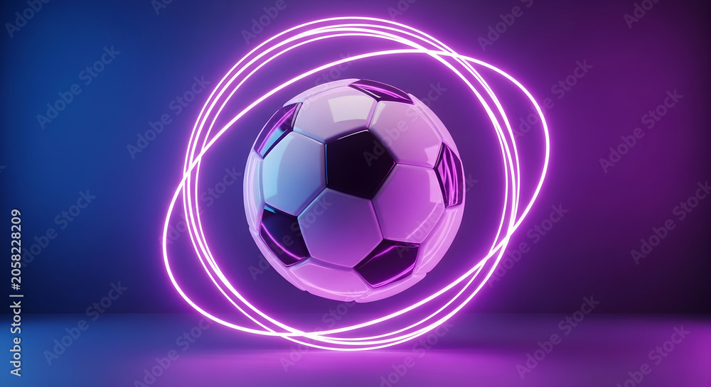 Naklejka premium A 3d render of a classic black and white soccer ball floating inside glowing purple and blue neon rings against a dark background