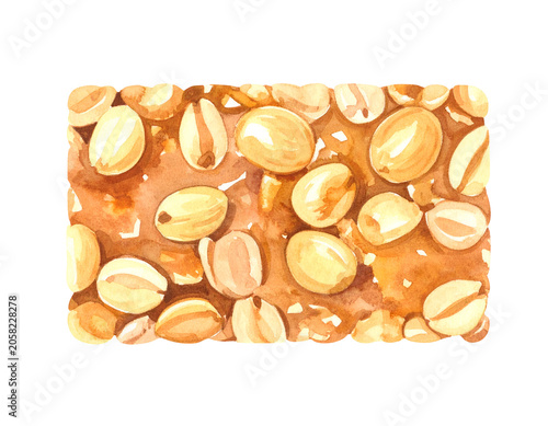 Watercolor illustration of peanut caramel brittle bar with roasted nuts glossy golden candy snack and crunchy dessert texture on isolated background