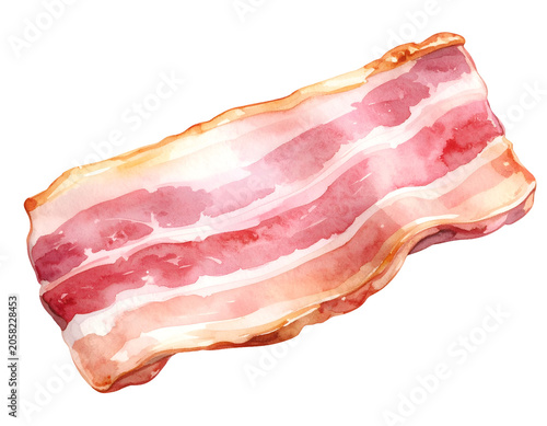 Watercolor illustration of raw bacon strip with pink pork meat white fat layers and glossy streaky texture on isolated background