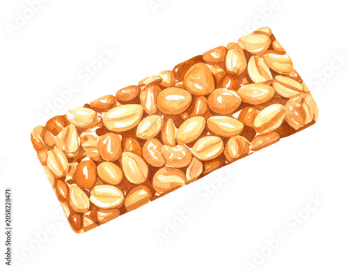 Watercolor illustration of peanut caramel nut bar with loose roasted nuts glossy golden brittle snack and crunchy dessert texture on isolated background