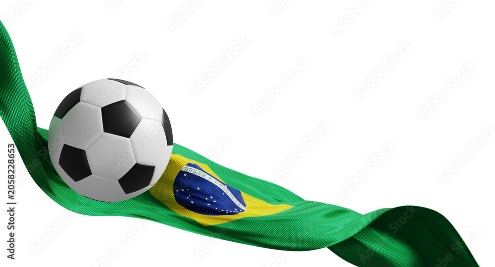 Naklejka premium Soccer ball with Brazil flag flowing isolated on transparent background with copy space Football banner design 3D render