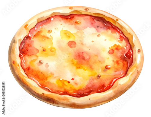 Watercolor illustration of round cheese pizza with tomato sauce melted mozzarella golden crust and top view Italian food on isolated background