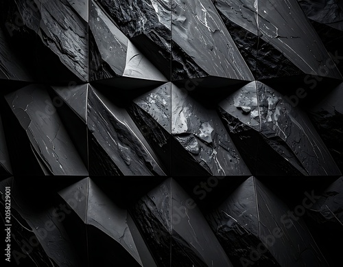 A dark, geometric pattern of sharp, 3D triangular facets