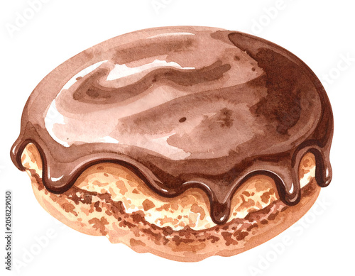 Watercolor illustration of round chocolate glazed donut with glossy dripping icing soft pastry dessert texture on isolated background