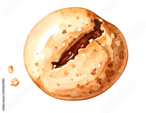 Watercolor illustration of round baked bread bun with golden crust dark crack glossy surface and rustic bakery texture on isolated background