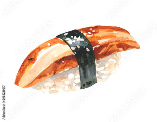 Watercolor illustration of salmon sushi nigiri with nori seaweed wrap white rice glossy seafood and Japanese food detail on isolated background