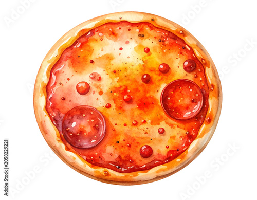 Watercolor illustration of round pepperoni pizza with melted cheese tomato sauce golden crust and classic Italian fast food top view on isolated background