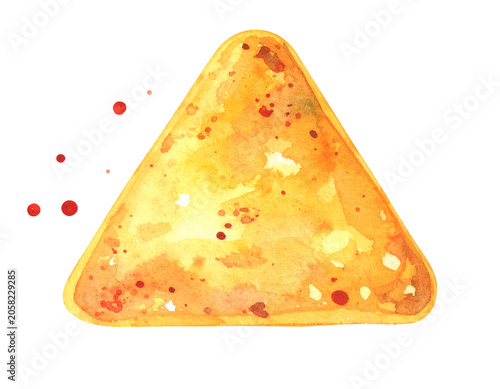 Watercolor illustration of single triangular tortilla nacho chip with golden crispy corn snack texture on isolated background