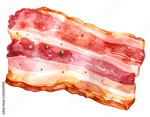 Watercolor illustration of streaky bacon strip with pink pork meat white fat layers pepper seasoning and glossy texture on isolated background
