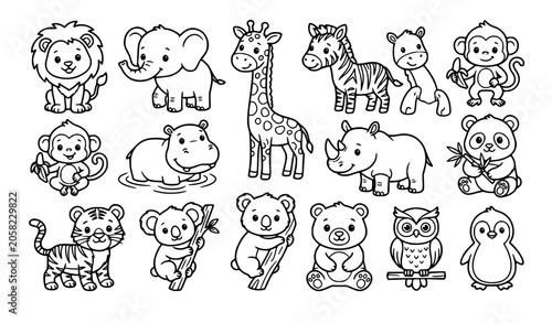 Photography Kawaii baby zoo animal outline vector illustration set