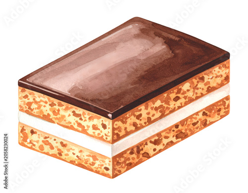 Watercolor illustration of chocolate layer wafer cake slice with cream filling glossy cocoa top and rectangular dessert pastry on isolated background