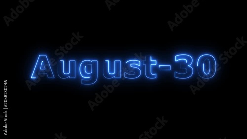 Glowing blue color neon text August month's 30 date calendar icon concept 4k animation, on black background.