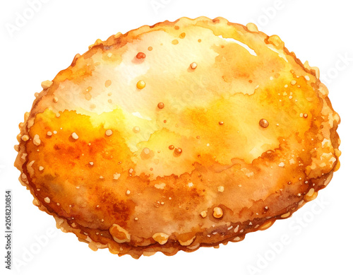 Watercolor illustration of crispy breaded chicken cutlet with golden fried coating crunchy crumbs and juicy meat texture on isolated background