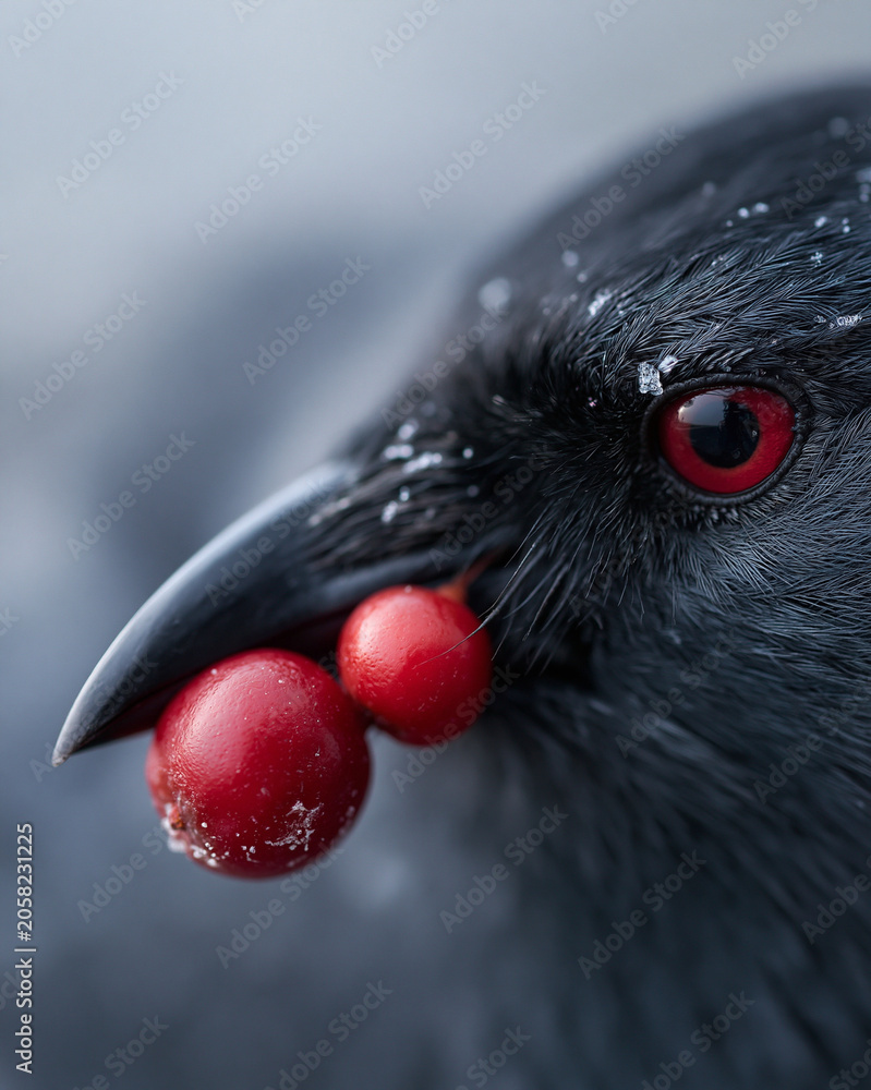 Obraz premium Black bird holds bright red berries in its beak. Snow dusts its feathers and eye. Sharp gaze suggests focus and survival. Ideal for winter wildlife or nature themes