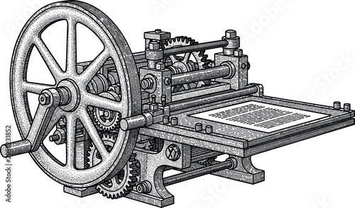 Tableau sur toile Vintage Printing Press Machine Vector Illustration with Retro Woodcut Engraving