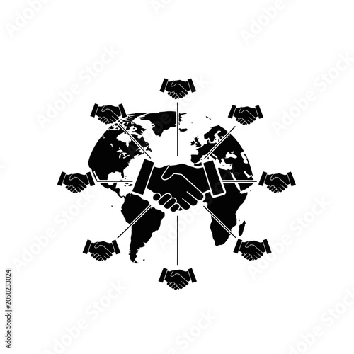 Global partnership handshake silhouette on world map background for business cooperation and international unity concept with handshake partnership cooperation international