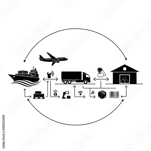 Logistics and supply chain management process cycle with warehouse cargo transport and digital tracking technology icons logistics transport warehouse delivery shipping