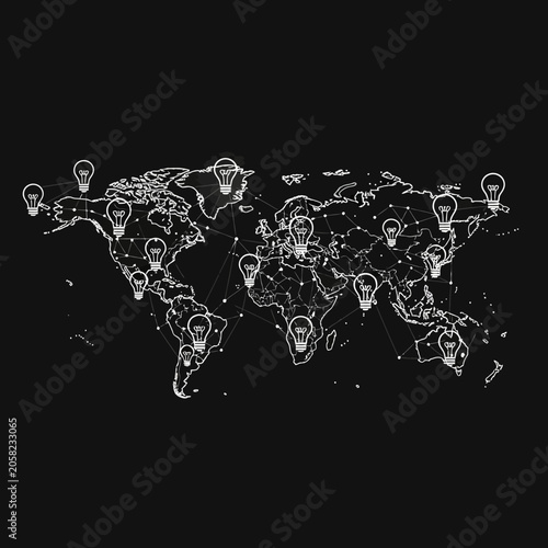 World map composed of interconnected glowing lightbulb icons for business ideas and innovation concept with lightbulb innovation business creativity thinking knowledge