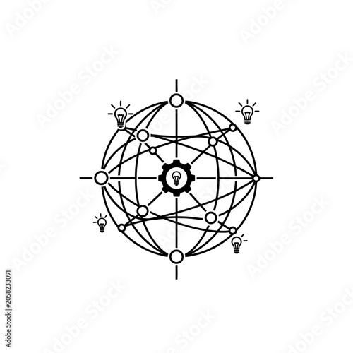 Innovative business strategy concept with central gear and orbiting global network and lightbulb ideas innovation strategy business lightbulb creativity solution thinking
