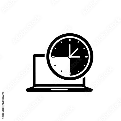 Minimalist black and white laptop computer icon with integrated clock face concept computer business technology productivity management notebook deadline planning