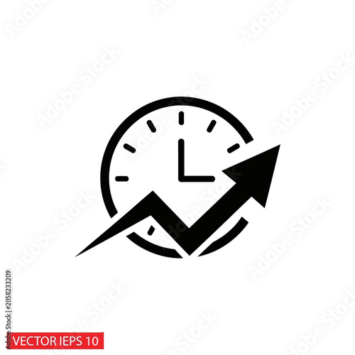 Abstract business growth icon featuring a rising arrow overlaid on a clock face business performance increase progress development positive strategy efficiency deadline