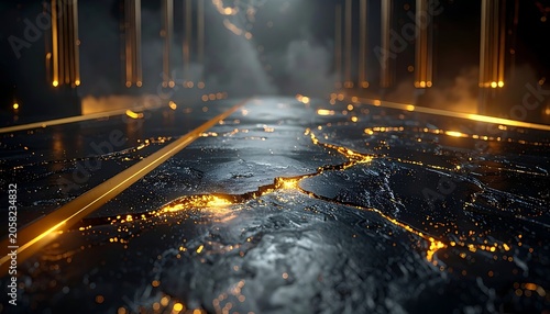 A dark, mysterious pathway with glowing orange lines and smoke
