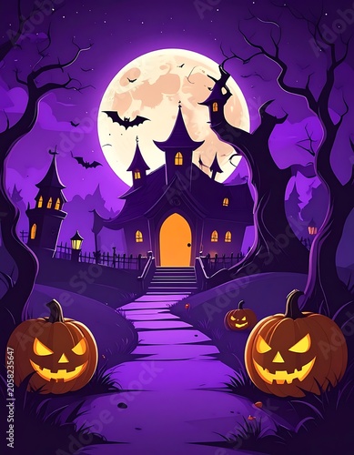 A spooky purple-lit haunted house on a dark night