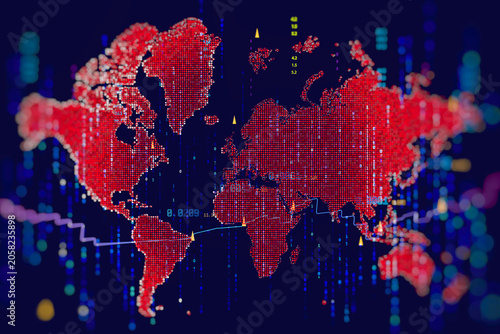 Red digital world map with glowing data dots, binary code rain and trend line. Abstract global analytics backdrop for financial markets, big data visualization, cyber risk and business intelligence.