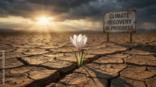 Climate Recovery Hope with Flower Growing in Dry Cracked Earth at Sunrise
