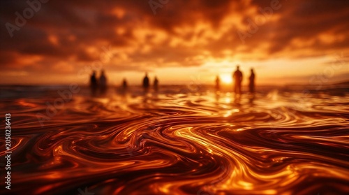 Silhouettes Walking on Molten Lava Waves at Dramatic Sunset with Abstract Energy Field