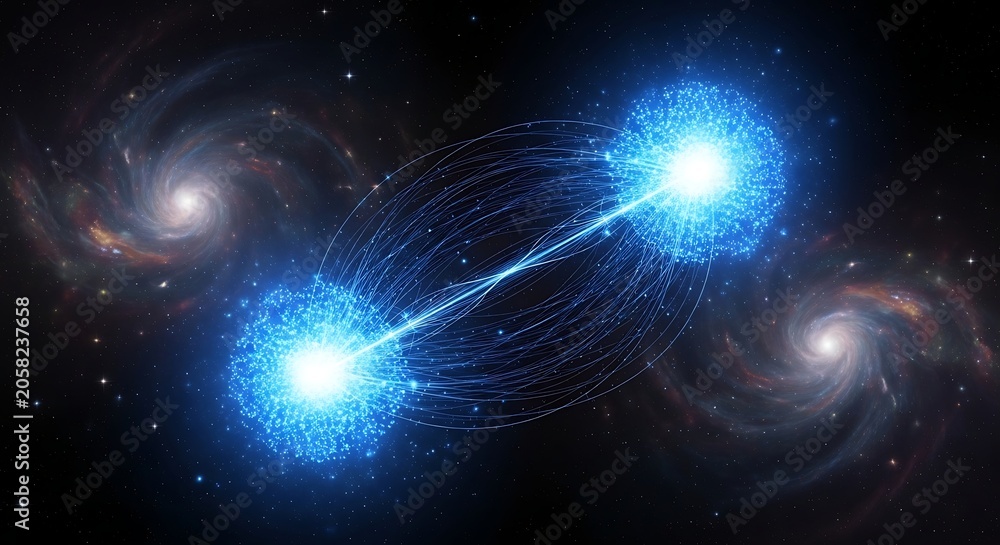 Naklejka premium Two luminous blue spheres connected by energy lines in a cosmic setting with galaxies.