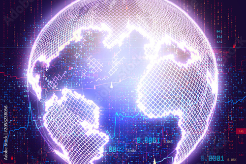 Global financial analytics and market intelligence concept with digital globe, stock charts and economic data visualization. Investment strategy, fintech, trading and worldwide business analysis.