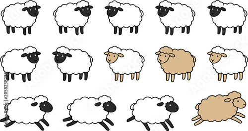 Cute Hand Drawn Sheep Icon Set Featuring Fluffy White and Brown Lambs in Standing and Jumping Poses for Farm Nursery and Counting Sleep Designs