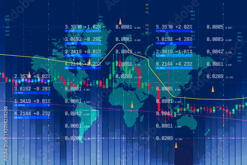 Digital financial indicators and candlestick charts over world map. Concept for global economy, stock market trading, international banking, and investment statistics.