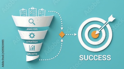 Business funnel transforms analysis, strategy, and growth into hitting the success target with arrow and bullseye on teal background.