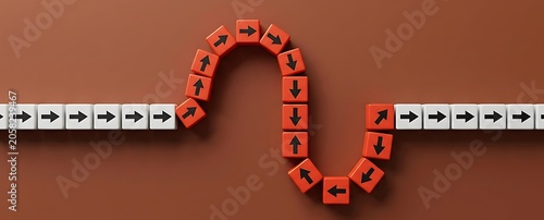Individual blocks with arrows deviate from the straight path, representing nonconformity and unique thinking in a business concept.