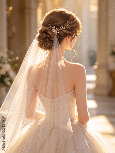 Elegant bride from behind showing intricate braided hairstyle with floral jewelry and long sheer veil in golden sunlight