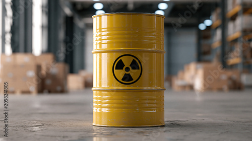 Yellow Radioactive Waste Barrel Standing in Industrial Warehouse Storage Area
