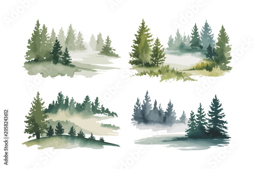 set of Hand-Painted Pine Forest Watercolor, Foggy Woodland Landscape Illustration, Isolated Vector