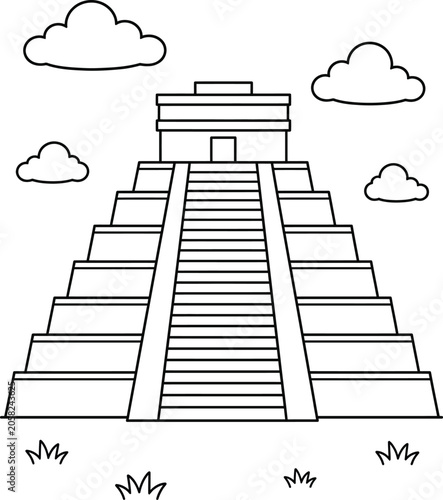 Ancient Mayan Pyramid Line Art Illustration